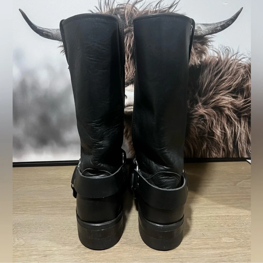 Vintage Frye Harness 12R Boots - Black Leather Men's Moto Boots